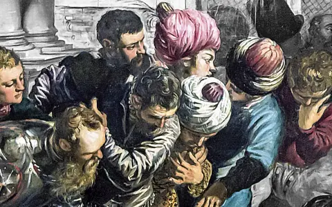 Dettaglio del "Miracolo dello schiavo" di Tintoretto: volti intensi e turbanti colorati in un momento di dramma.