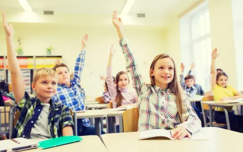 Engagierte Schüler im Unterricht heben eifrig die Hände.