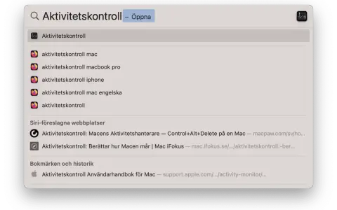 Sökresultat för Aktivitetskontroll på Mac. Visar appen, relaterade sökningar och webbplatser.