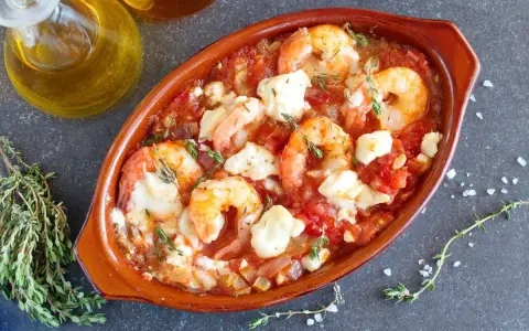 Gamberoni al guazzetto in terracotta, con pomodoro, formaggio fuso e timo. Un piatto invitante pronto per essere gustato.