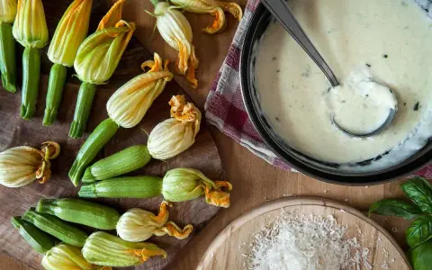 Flores de calabacín frescas y una salsa cremosa en una sartén.