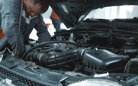 Mechanik pracuje przy silniku VW. Dowiedz się, ile kosztuje wymiana oleju w serwisie VW.