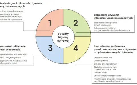 Diagram przedstawia obszary higieny cyfrowej: stawianie granic, tworzenie treści, bezpieczne używanie internetu i inne zalecane zachowania.