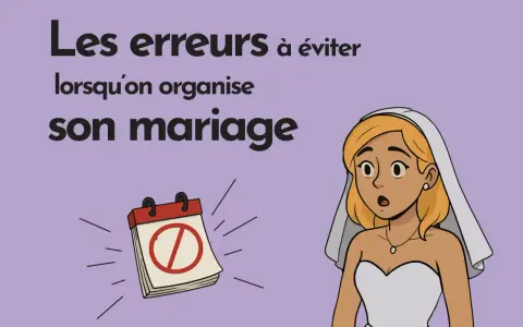 Une mariée surprise regarde un calendrier barré, symbole des erreurs à éviter pour organiser son mariage, y compris pour l'idée repas mariage.