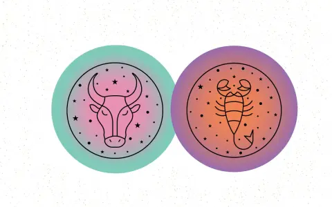 Byk i skorpion, dwa znaki zodiaku, tworzą nieoczekiwaną przyjaźń. Ich symbole otoczone gwiazdami i kropkami.