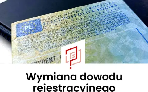 Dowód rejestracyjny pojazdu, symbol graficzny i tekst "Wymiana dowodu rejestracyjnego". Ułatwia to wymianę dowodu rejestracyjnego online.