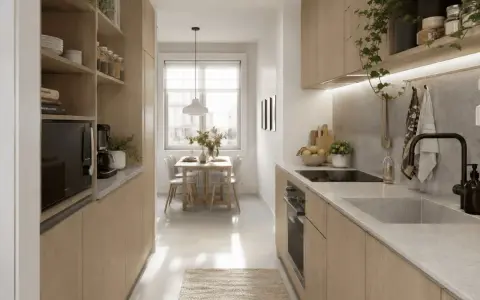 Cuisine moderne et lumineuse, avec des rangements en bois clair pour une optimisation petite cuisine. Une table et des chaises près de la fenêtre invitent à la convivialité.
