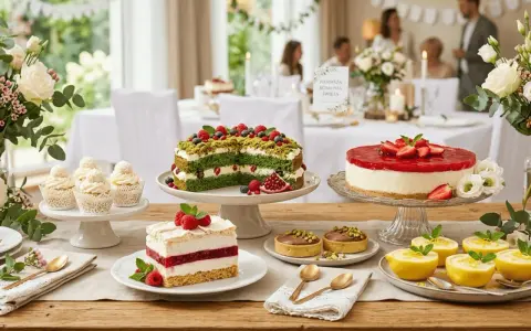 Stół z ciastami komunijnymi: zielony tort, sernik truskawkowy, babeczki, tartaletki i cytrynowe desery.