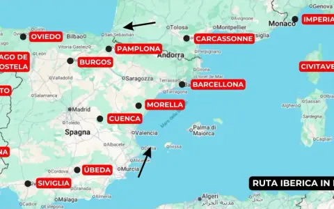 Mappa di un itinerario "Spagna in moto 10 giorni" con tappe da Lisbona a Siviglia, passando per Oviedo, Burgos, Pamplona, Barcellona, Morella, Cuenca e Úbeda.