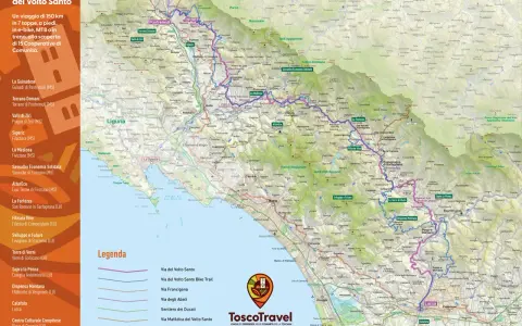 Mappa del percorso Via del Volto Santo, un viaggio di 150 km tra sentieri, bici e treno, attraverso la Toscana.