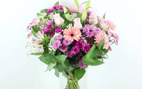 Un ramo de flores rosas y moradas, con lirios y gerberas, es un símbolo de la flor de la amistad.
