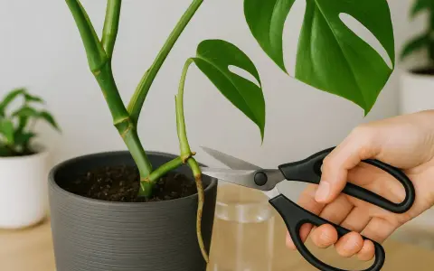 Mit einer Schere wird ein Ableger von der Monstera getrennt, um sie zu vermehren.