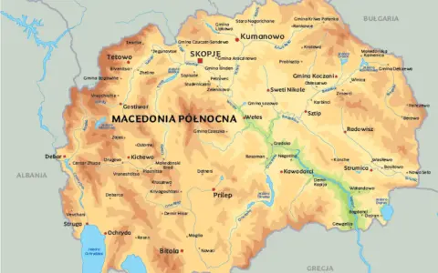 Mapa fizyczna Macedonii Północnej z zaznaczonymi miastami, rzekami i jeziorami. Idealny przewodnik po regionie.