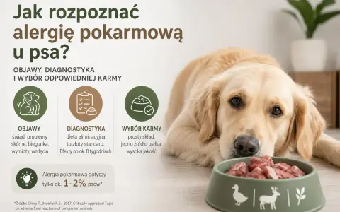 Złoty retriever z miską mięsa, obok tekst o objawach, diagnostyce i wyborze karmy przy alergii pokarmowej u psa.