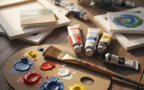 Palette en bois avec des touches de peinture à l'huile, un pinceau, des tubes de couleur et des toiles. La peinture à l'huile, c'est bien difficile mais tellement gratifiant.