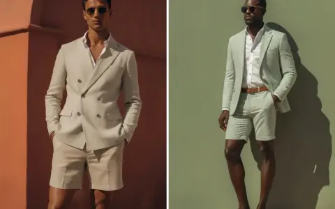 Uomo elegante in abito con bermuda color sabbia e uomo con completo a righe verdi e bermuda, entrambi con occhiali da sole.