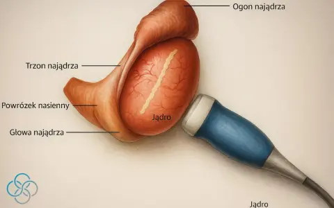 Badanie USG jądra, które może pomóc zdiagnozować ból prawego jądra. Widoczne jądro, powrózek nasienny i głowa najądrza.
