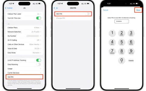 Three iPhone screens showing steps to disable SIM PIN: cellular settings, SIM PIN toggle, and PIN entry.