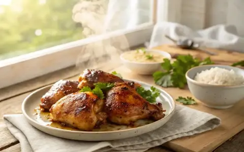 Assiette de haut de cuisse de poulet rôtis, fumants et dorés, accompagnés de riz et d'une sauce.