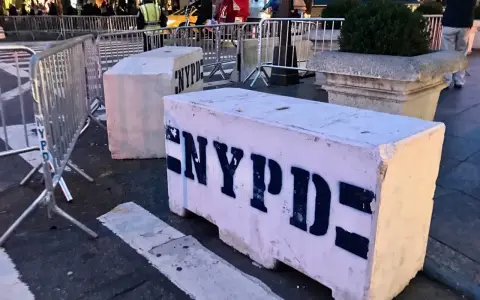 Betonowe bariery NYPD na ulicy. Czy w USA jest bezpiecznie? Widać ludzi i ruch uliczny w tle.