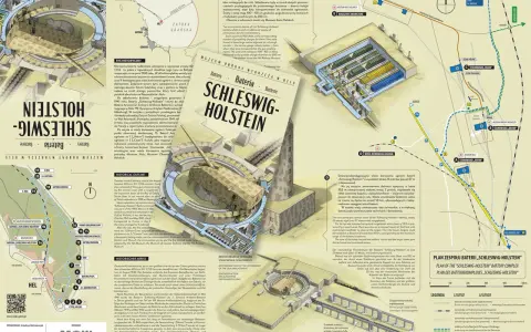 Bateria Schleswig-Holstein, potężna fortyfikacja nad Bałtykiem, z wieżą kierowania ogniem i stanowiskami artylerii.