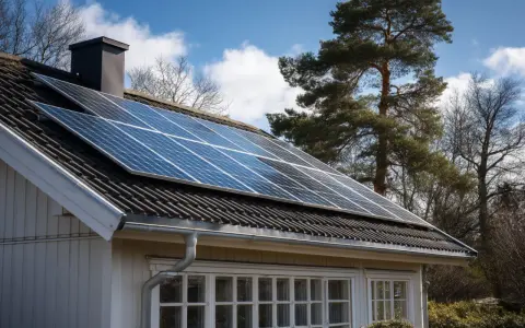 Solceller 5kw på taket av ett vitt hus, med träd och blå himmel i bakgrunden.
