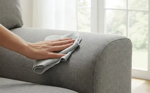 Mano che pulisce una poltrona in tessuto grigio con un panno. Un gesto semplice per imparare come pulire una poltrona in tessuto e mantenerla come nuova.