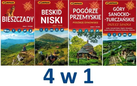 Cztery okładki map turystycznych: Bieszczady, Beskid Niski, Pogórze Przemyskie, Góry Sanocko-Turczańskie.