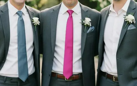 Groomsmen in grey suits with different colored ties. This image shows that you do not have to wear a tie to a wedding, but it's a stylish choice.