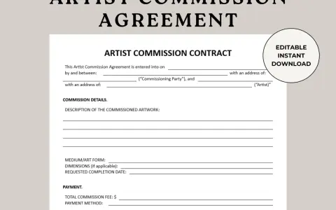 An artist commission agreement template, ready for download, detailing artwork specifications and payment terms for a commissioned piece.
