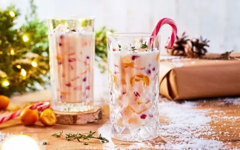 Festlicher Cocktail mit Kokosmilch, garniert mit einem Zuckerstangen-Lutscher und Früchten. Perfekt für die Weihnachtszeit.