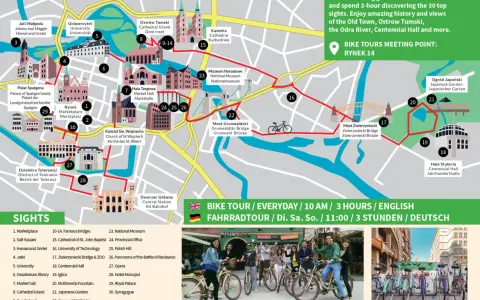 Mapa rowerowa Wrocławia z zaznaczonymi atrakcjami, w tym Rynkiem, Ostrowem Tumskim i Mostem Zwierzynieckim. Idealna do odkrywania wrocławskich atrakcji.