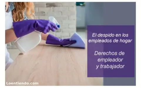 Manos con guantes morados limpian mesa. Texto: "El despido en los empleados de hogar. Derechos de empleador y trabajador.