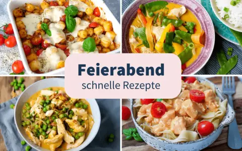 Vier leckere Rezepte für das Abendessen: Gnocchi-Auflauf, Curry mit Hähnchen, Hähnchen mit Erbsen und Pasta mit cremiger Sauce. Schnelle Ideen für jeden Tag.