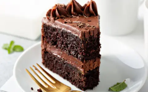 Rebanada de tarta de chocolate con glaseado cremoso y virutas de chocolate. Un tenedor dorado espera pacientemente para probar este delicioso postre.