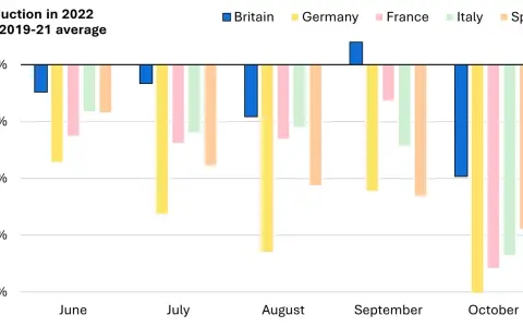 Balkendiagramm zeigt Reduktion des Stromverbrauchs in Europa 2022 vs. 2019-21. Deutschland und Spanien zeigen deutliche Einsparungen.