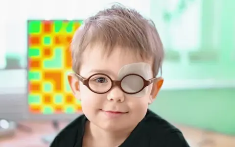 Niño con gafas y parche en el ojo, tratando su ojo vago. Detrás, una pantalla con un patrón de colores.