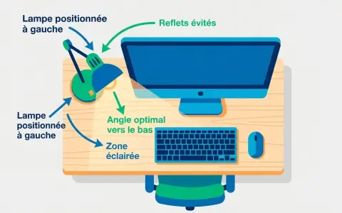 Illustration montrant comment orienter son bureau : lampe à gauche, angle optimal vers le bas pour éviter les reflets et éclairer la zone de travail.