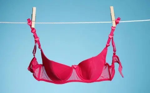 Ein roter BH mit Herzchen-Trägern hängt an einer Wäscheleine. Frisch gewaschen und bereit zum Trocknen.