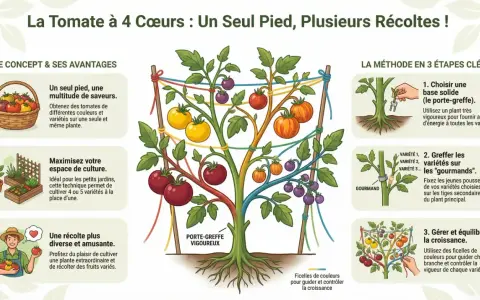 Illustration montrant comment greffer des tomates sur un seul pied pour obtenir plusieurs variétés et couleurs.