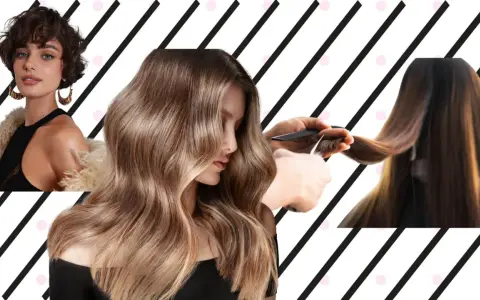 Mujer con pelo corto y rizado, otra con pelo largo y ondulado, y manos cortando puntas. Un corte en seco para un look moderno.