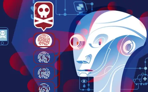 Kopf eines Roboters mit Fingerabdrücken und einem Totenkopf-Symbol, das auf die Gefahr des wannacry virus hinweist.
