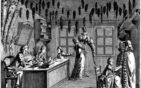 Dans un atelier, un artisan plumassier et ses apprentis travaillent sur des parures et des vêtements ornés de plumes.
