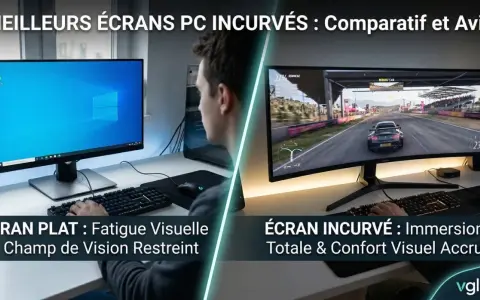 Comparaison d'un écran plat PC et d'un écran incurvé PC. Le plat est moins immersif, l'incurvé offre une meilleure immersion.