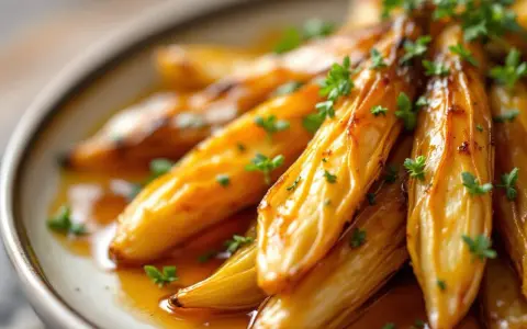 Endives caramélisées à la poêle, nappées d'une sauce dorée et parsemées de persil frais. Un délice fondant.