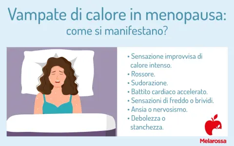 Donna a letto con sudorazione e rossore, sintomi delle vampate di calore in menopausa: calore intenso, battito accelerato, brividi, ansia, stanchezza.