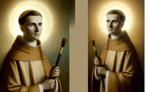 Św. Radosław w złotej szacie, z aureolą i pędzlem w dłoni, patrzy w górę z nadzieją.
