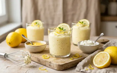 Trois verres de mousse au citron, décorés de rondelles de citron et de menthe. Des citrons frais et des ingrédients pour la préparation sont disposés autour.