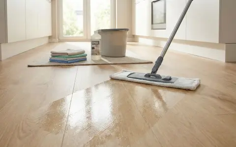 Ein Mopp wischt über einen glänzenden Holzboden. Reinigungsmittel und Tücher liegen bereit, um den **Vinylboden zu reinigen**.