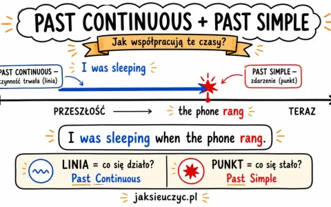 Wyjaśnienie czasów Past Continuous i Past Simple. Byłam w trakcie spania, gdy zadzwonił telefon.